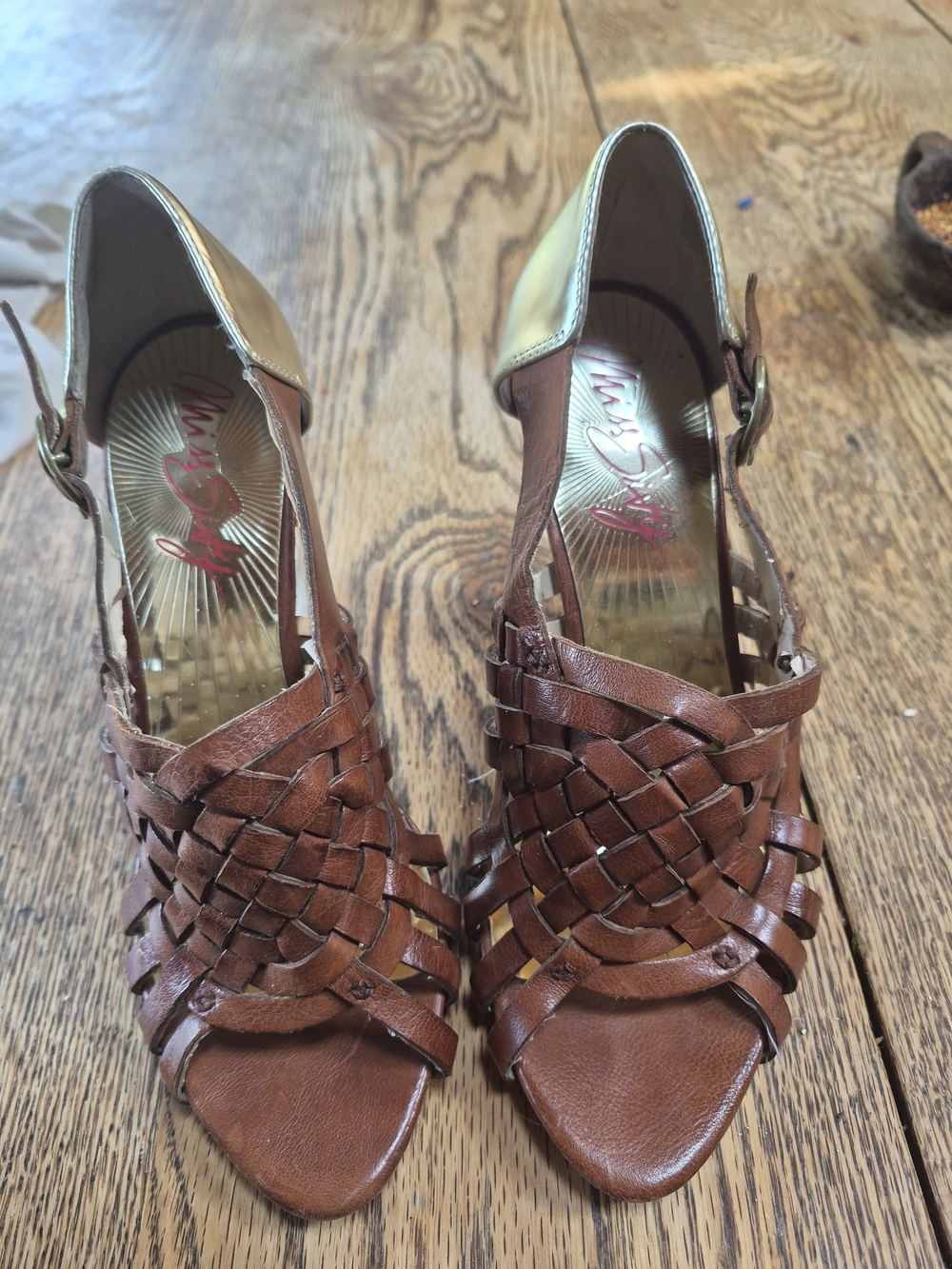 Woven Leather Peep-Toe Heels in Brown Miss Sixty Size 6.5